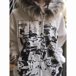 Women's Thickened Fleece Hooded Jacket Y2K Cartoon High Street Loose Fit Short Coat with Fur Collar Dark Style Autumn Winter