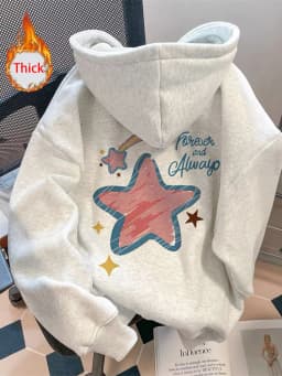 Thick Warm Stars Letter Hoodies Women Vintage Sweet Preppy Style Cute Sweatshirts Fall Winter Soft Long Sleeve Retro Kawaii Tops