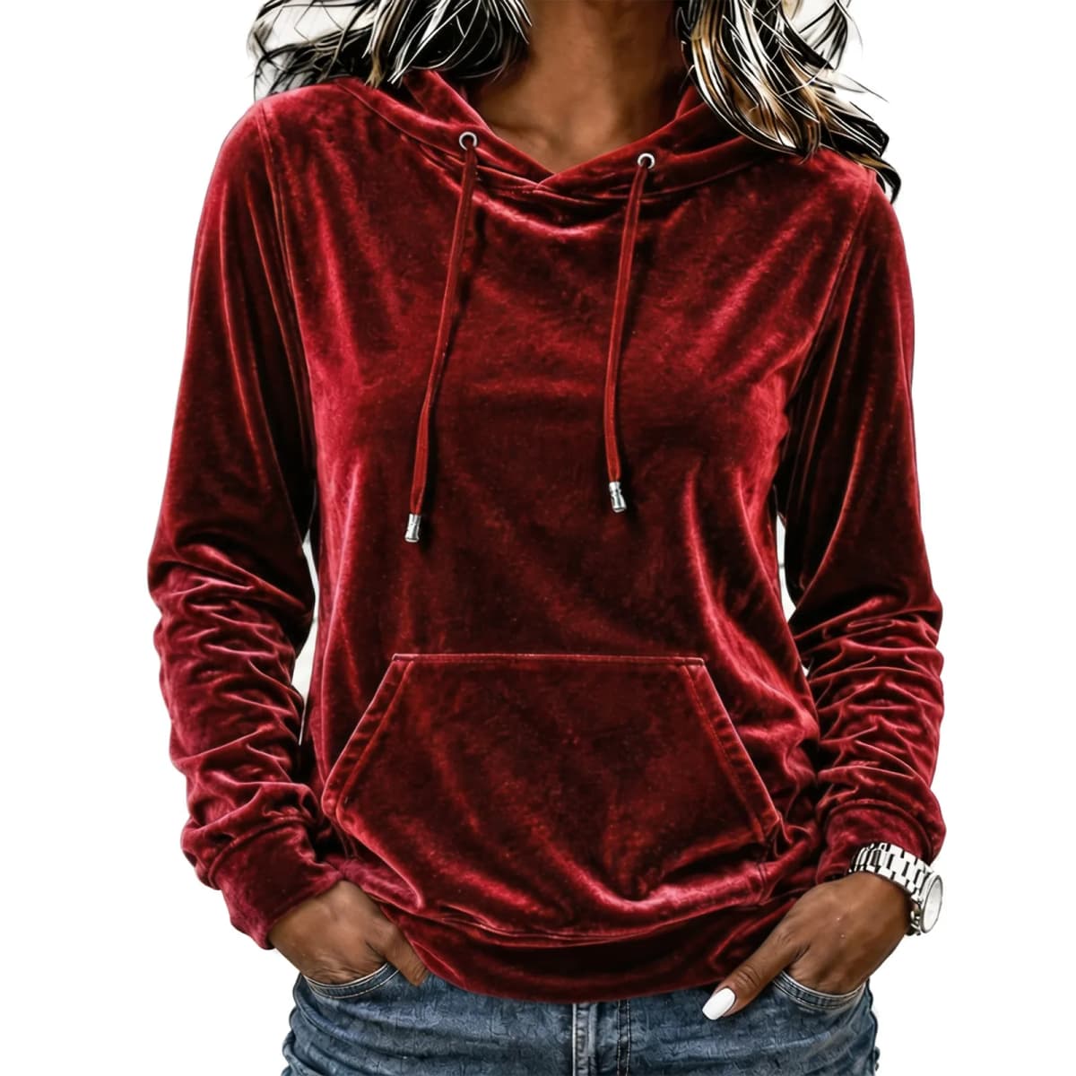 Women Velvet Hoodie Sweatshirt Long Sleeve Drawstring Hood Pocket Solid Velour Pullover Top Casual Soft Autumn Winter Streetwear