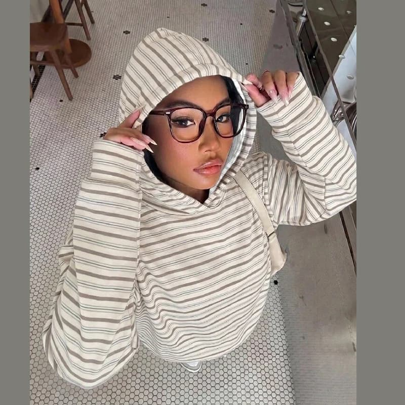Oversized Sweatshirt Women Striped Hoodie Loose Long Sleeve Pullover Autumn New Fashion Lady's Commute Sport Cozy Versatile Top