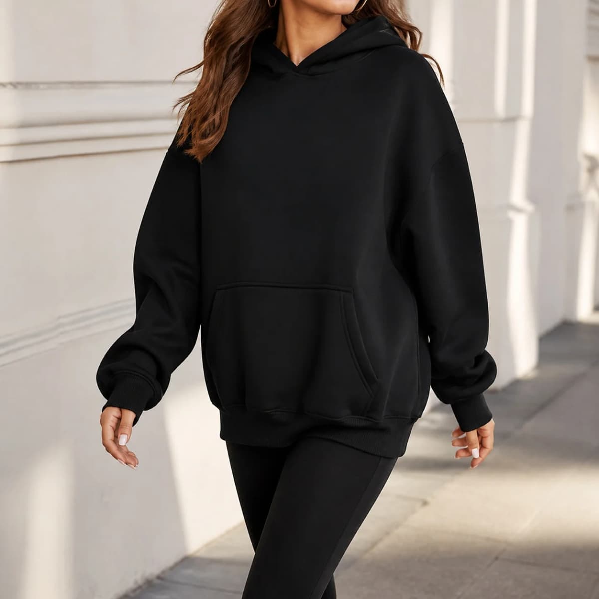 Casual Hoodie Pocket Loose Fit Streetwear with Street Style Mid Length Regular Thickness Hooded Autumn Long Sleeve Women Hoodie