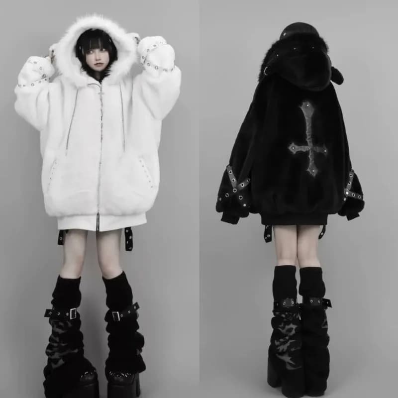 Harajuku Gothic Punk Dark Academia Clothes Fur Patchwork Hoodie Sweatshirts 2025 Autumn Winter New Cardigan Coat Women