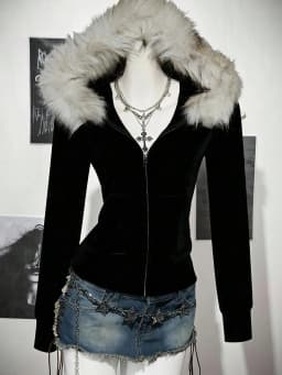 American Retro Y2K Waist-Cinched Fur Collar Hooded Sweatshirt Solid Color Coat for Women's Autumn and Winter Zipper Slimming Top