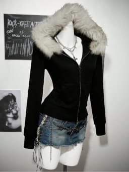 American Retro Y2K Waist-Cinched Fur Collar Hooded Sweatshirt Solid Color Coat for Women's Autumn and Winter Zipper Slimming Top