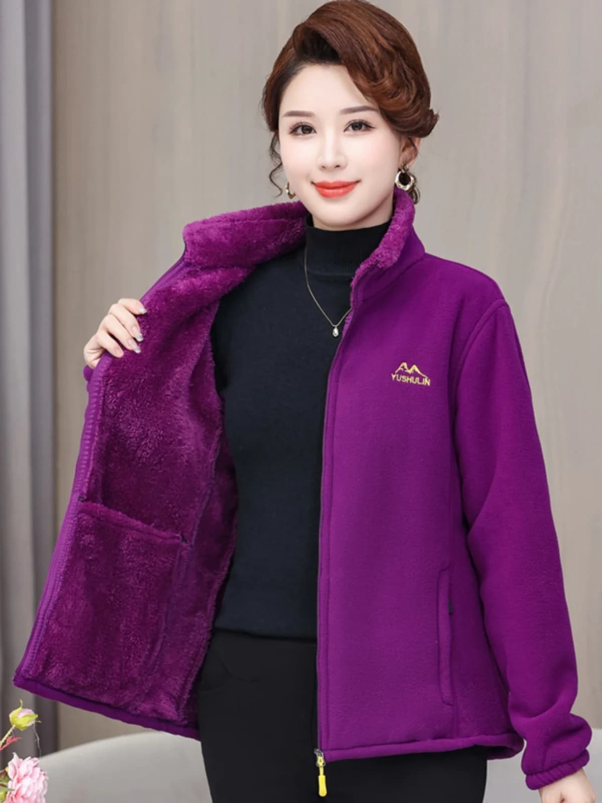 Thickened Fleece Coral Sweater Coat for Middle-Aged And Elderly Women Autumn Winter Casual Style Zipper Closure Loose Fit Mom...