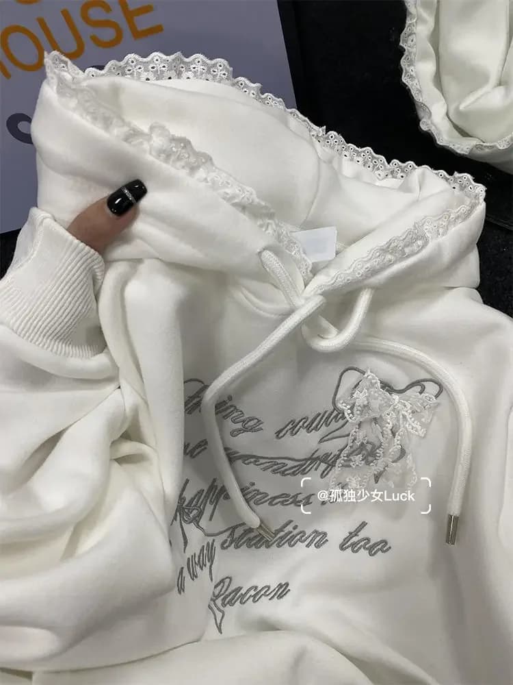 Sweet Lace Splicing College Style Embroidered Hoodie Women Clothing Autumn/Winter Plush Korean Chic Casual Sweatshirt Women Top