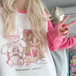 Cute Mikko Cartoon Print round Ne Sweatirt Pink Splice Long Sve Loose Slimming Thiened Versatile Top for Autumn