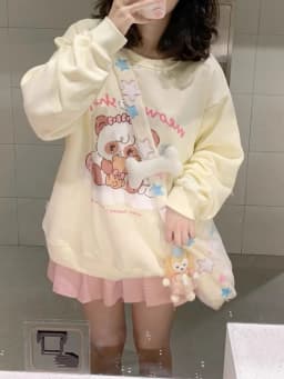 Cute Mikko Cartoon Print round Ne Sweatirt Pink Splice Long Sve Loose Slimming Thiened Versatile Top for Autumn