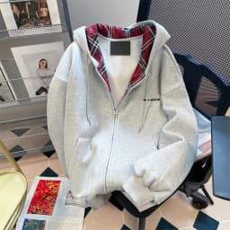 American Lazy Sle Retro Plaid Splicing Hoodie Cardigan Men's Unique Matchable Hooded Jaet Trendy Couple Outerwear