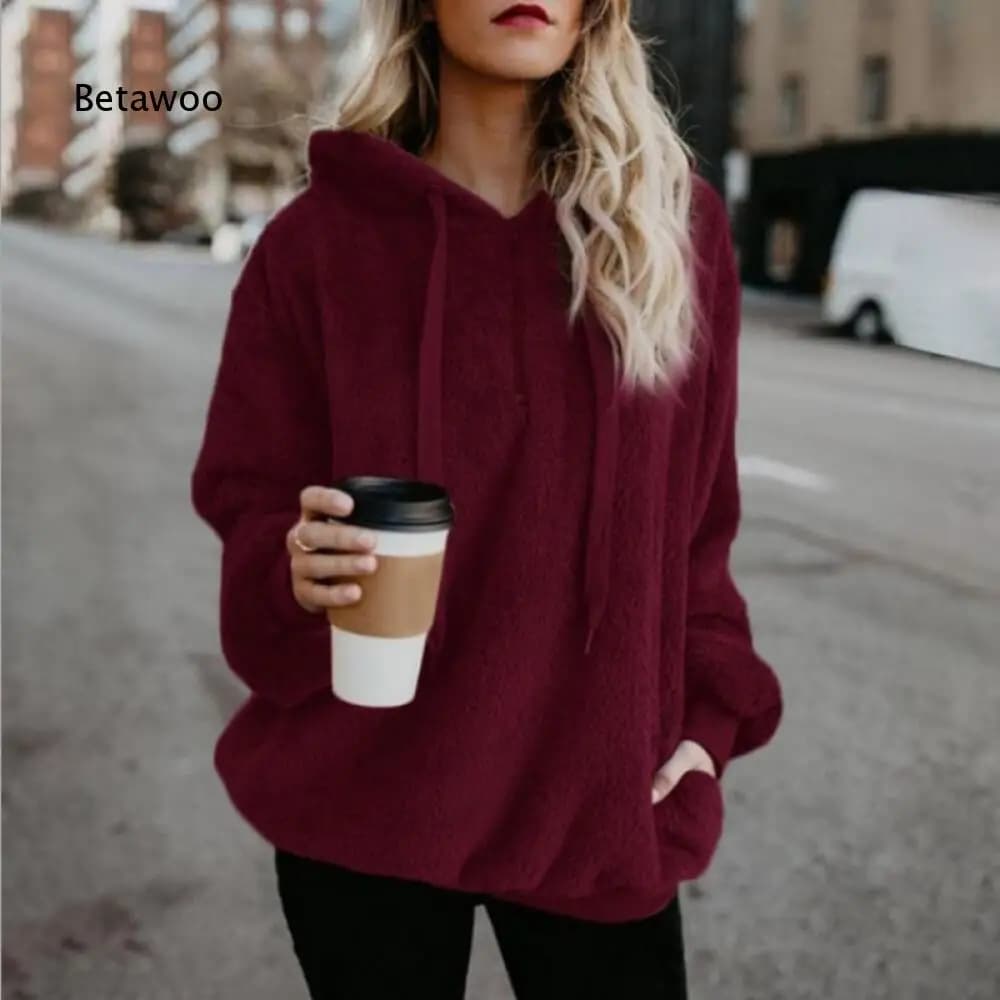Women Casual Plush Hooded Sweatshirt Half Zip Drawstring Design Long Sleeve Front Kangaroo Pocket Relaxed Winter Pullover
