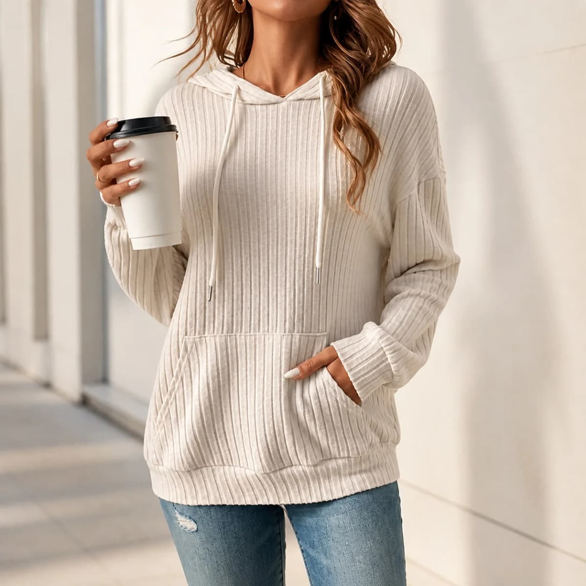 Women's Sweater Hoodie Winter Clothing Drop Shoulder Loose Fit Brushed Cotton Striped Long Sleeve with Kangaroo Pocket Casual
