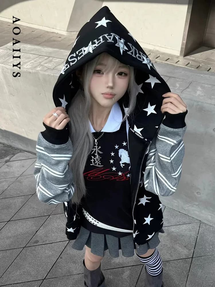 Aoaiiys Star Print Hoodies Women Streetwear Y2k Zipper Hoodie Embroidery Letter Streetwear Hooded Striped Patchwork Sweatshirts