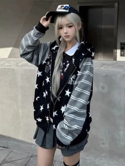 Aoaiiys Star Print Hoodies Women Streetwear Y2k Zipper Hoodie Embroidery Letter Streetwear Hooded Striped Patchwork Sweatshirts