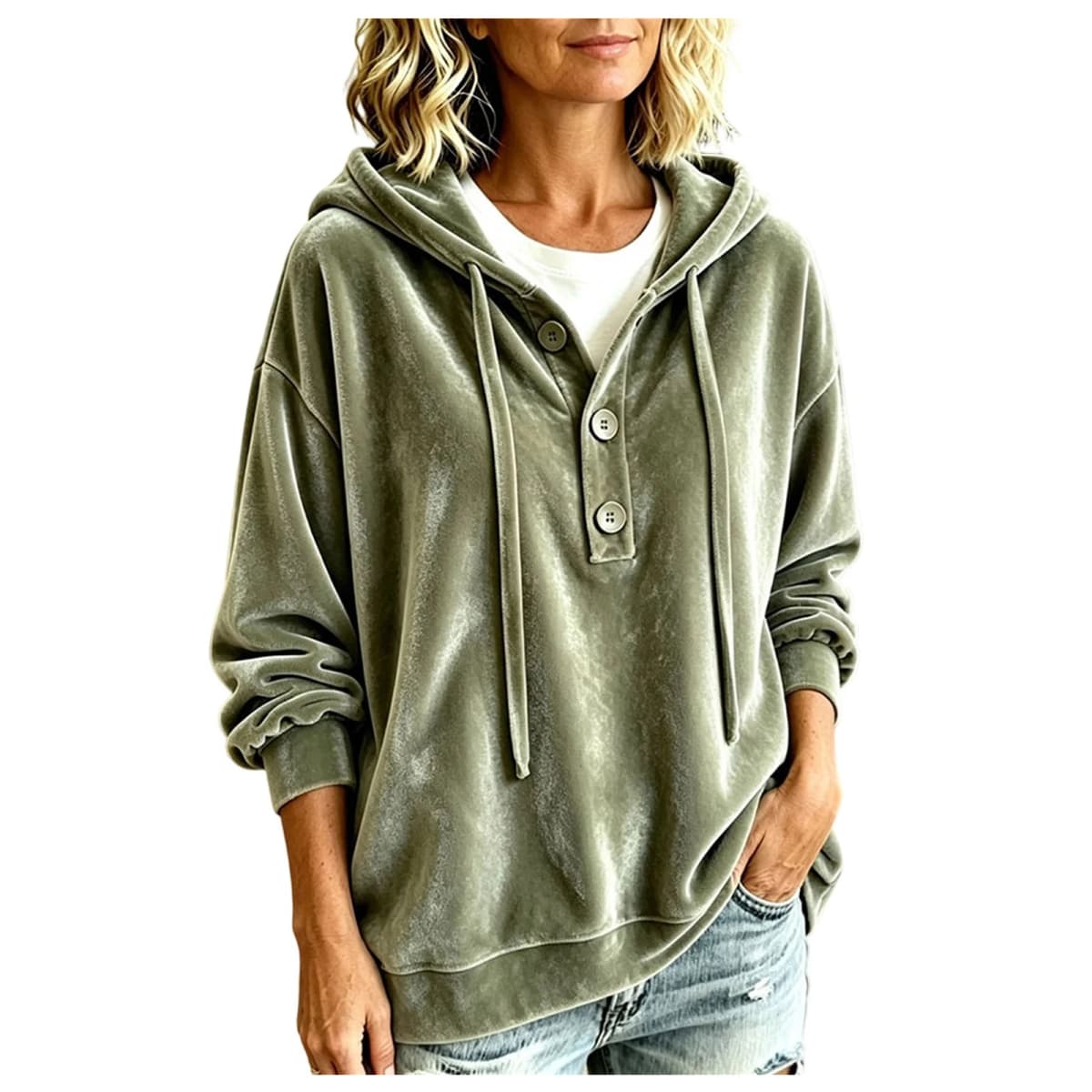 Oversized Velvet Hoodie For Women Button Up Long Sleeve Poncho Sweatshirts Half Button Placket Drawstring Hooded Pullover Tops