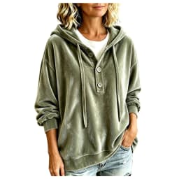 Oversized Velvet Hoodie For Women Button Up Long Sleeve Poncho Sweatshirts Half Button Placket Drawstring Hooded Pullover Tops