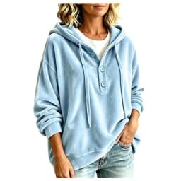 Oversized Velvet Hoodie For Women Button Up Long Sleeve Poncho Sweatshirts Half Button Placket Drawstring Hooded Pullover Tops