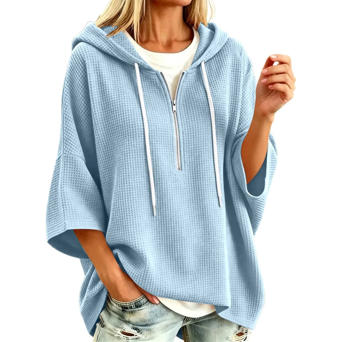 Women Waffle Knit Hoodie Half Zip Drawstring 3/4 Batwing Sleeve With Side Pockets Loose Oversized Pullover Solid Autumn Hoodies