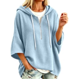 Women Waffle Knit Hoodie Half Zip Drawstring 3/4 Batwing Sleeve With Side Pockets Loose Oversized Pullover Solid Autumn Hoodies
