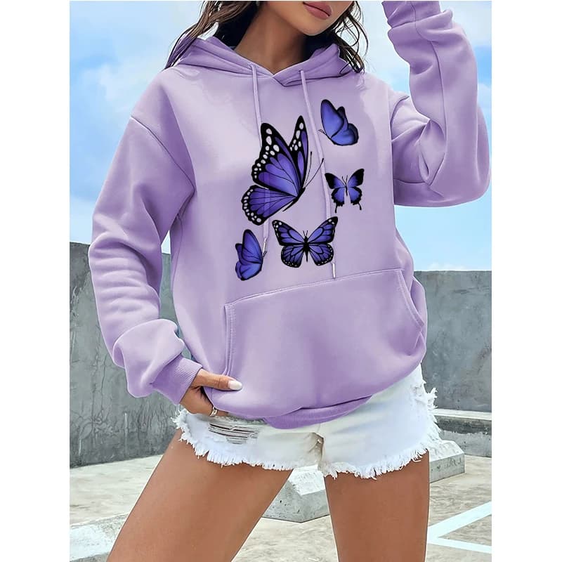 90s Graphic Dark Purple Butterfly Pattern Printed Hoodies Women's Vintage Y2k Sweatshirts Casual Hooded Clothes Kawaii Pullovers