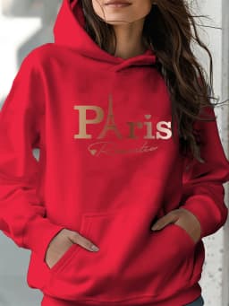 Women's Autumn and Winter Warm and Loose Casual Paris Pattern Printed Suede Long-Sleeved Hooded Sweatshirt