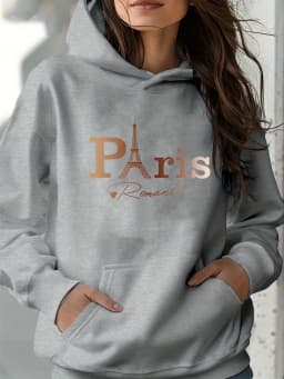 Women's Autumn and Winter Warm and Loose Casual Paris Pattern Printed Suede Long-Sleeved Hooded Sweatshirt
