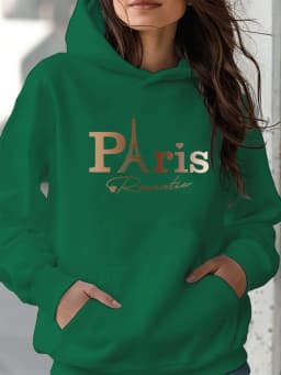 Women's Autumn and Winter Warm and Loose Casual Paris Pattern Printed Suede Long-Sleeved Hooded Sweatshirt