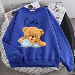 Street Casual Womens Sweatshirt Coffee Break Teddy Bear Making Coffee Print Hoodies Loose Soft Pullovers Crewneck Fleece Clothes