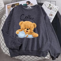 Street Casual Womens Sweatshirt Coffee Break Teddy Bear Making Coffee Print Hoodies Loose Soft Pullovers Crewneck Fleece Clothes