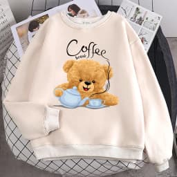 Street Casual Womens Sweatshirt Coffee Break Teddy Bear Making Coffee Print Hoodies Loose Soft Pullovers Crewneck Fleece Clothes