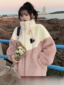 Lamb Fur Lined Thickened Sweatshirt Girl Autumn Winter Clothes Patchwork Embroidery Student Fluffy Cotton Jacket Cotton Coat