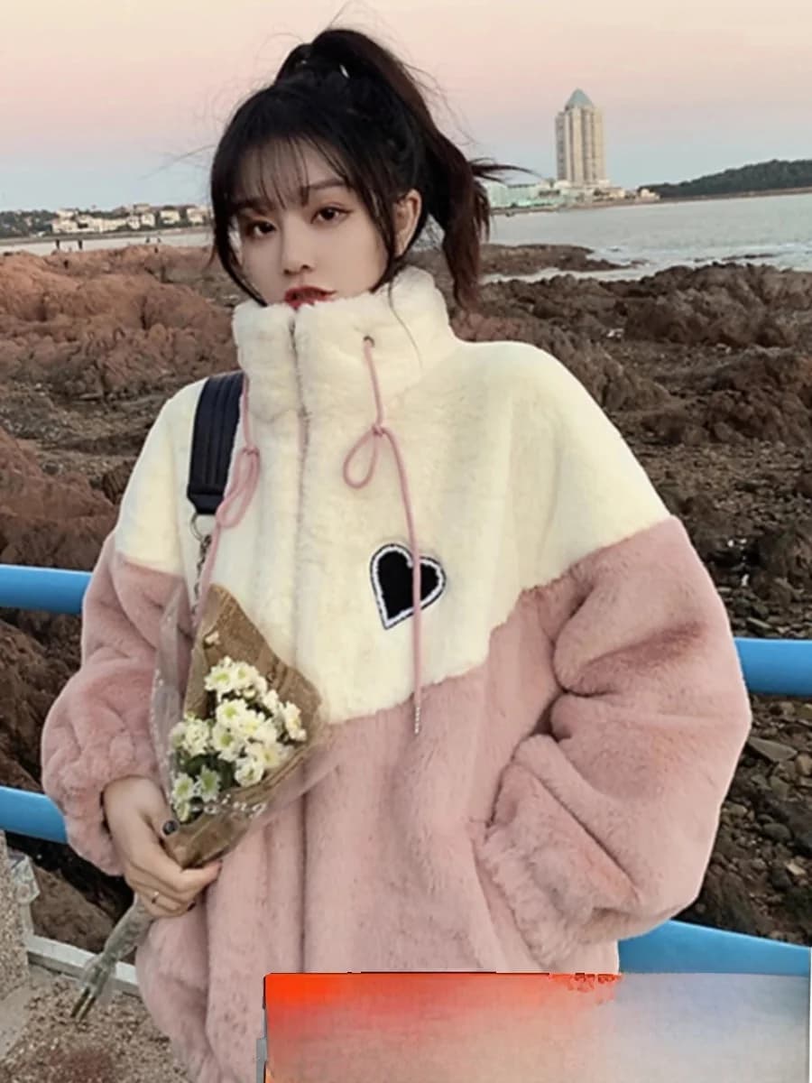 Lamb Fur Lined Thickened Sweatshirt Girl Autumn Winter Clothes Patchwork Embroidery Student Fluffy Cotton Jacket Cotton Coat