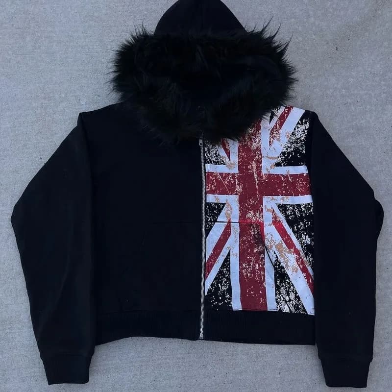 Deeptown Y2k Black Fur Collar Women Man Zipper Hoodies Flag Print Harajuku American Vintage Sweatshirts Baggy Casual Streetwear