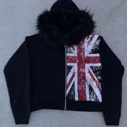 Deeptown Y2k Black Fur Collar Women Man Zipper Hoodies Flag Print Harajuku American Vintage Sweatshirts Baggy Casual Streetwear