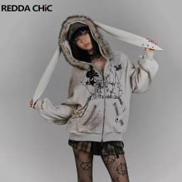 REDDACHiC Kawaii Bunny Ear Hoodies Jacket Women Thick Fleece Lined Zip Up Fuzzy Hooded Graphic Top Grunge Y2k Aesthetic Clothes