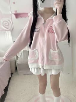 Japanese Sweet Cartoon Embroidery Hoddies Women Preppy Style Kawaii Fasion Hoody Jacket Y2k Aesthetic Grunge Pocket Sweatshirt