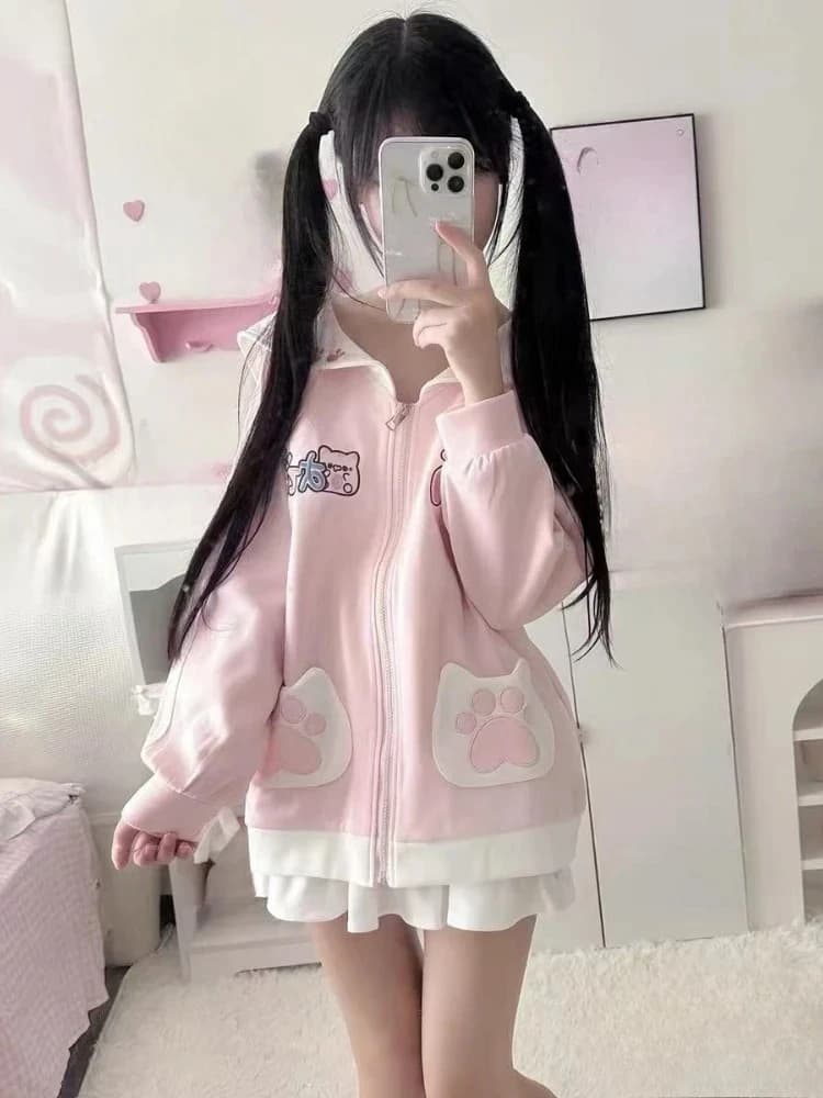 Japanese Sweet Cartoon Embroidery Hoddies Women Preppy Style Kawaii Fasion Hoody Jacket Y2k Aesthetic Grunge Pocket Sweatshirt