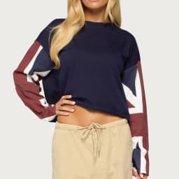 Combhasaki Women's Y2k Cropped Sweatshirt Flag Print Patchwork Long Sleeve Crew Neck Hoodies Casual Loose Fall Pullover Tops