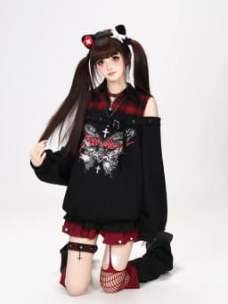 Original Subculture Sweet Cool Off-shoulder Long-sleeve Butterfly Print Plaid Patchwork Loose Sweatshirt for Women Autumn 2026