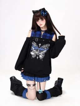 Original Subculture Sweet Cool Off-shoulder Long-sleeve Butterfly Print Plaid Patchwork Loose Sweatshirt for Women Autumn 2026