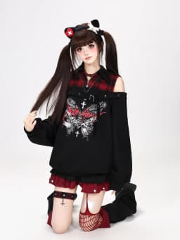 Original Subculture Sweet Cool Off-shoulder Long-sleeve Butterfly Print Plaid Patchwork Loose Sweatshirt for Women Autumn 2026