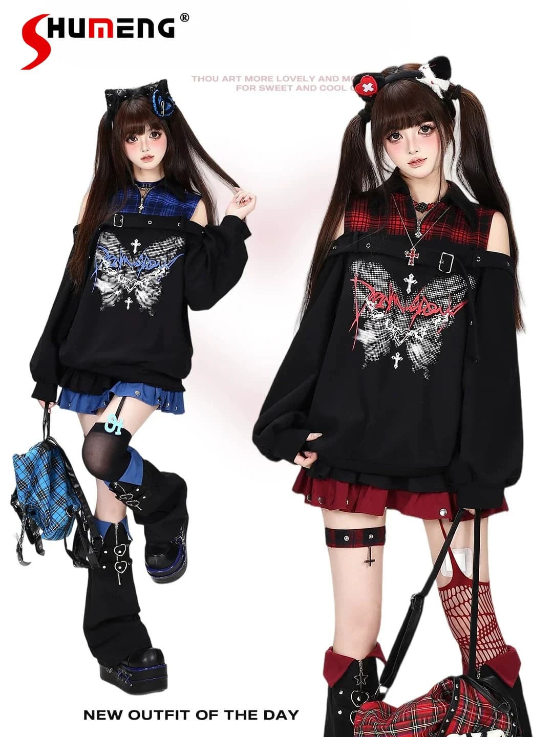 Original Subculture Sweet Cool Off-shoulder Long-sleeve Butterfly Print Plaid Patchwork Loose Sweatshirt for Women Autumn 2026