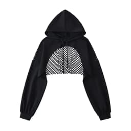 Women's Slim Fit Mesh Hoodie Hollow out Dance Streetwear Short Length Versatile Fashionable Belly Baring Hoodie