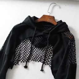 Women's Slim Fit Mesh Hoodie Hollow out Dance Streetwear Short Length Versatile Fashionable Belly Baring Hoodie