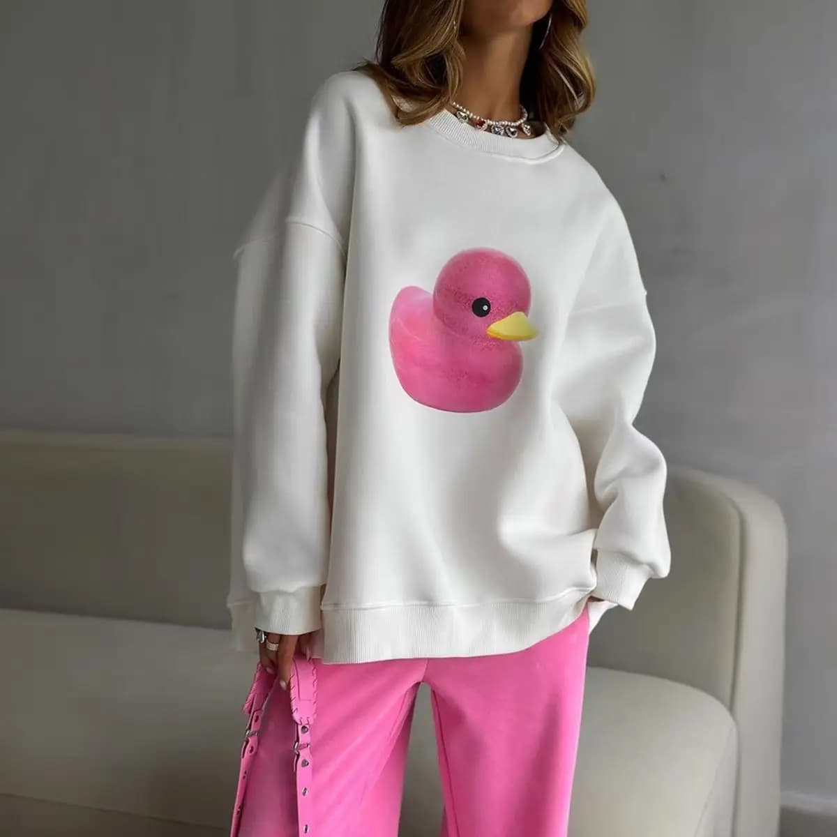 Pink Duck Print Russian Style O Neck Oversize Sweatshirt Women Thin Spring 2026 Hoodies Women Russian Style Loose Casual Tops