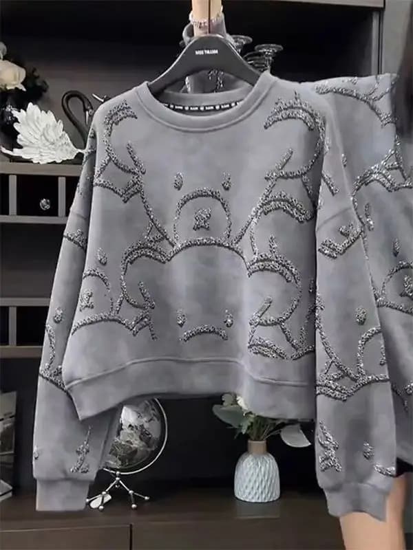 Heavy Duty Rhinestone round Neck Sweatshirt Women's Loose Long Sleeve Spring Autumn New Style Korean Version Age Reduction De...