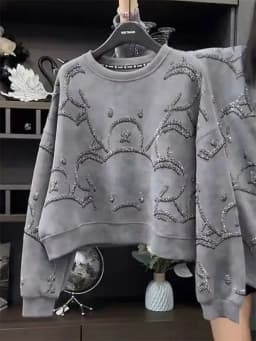 Heavy Duty Rhinestone round Neck Sweatshirt Women's Loose Long Sleeve Spring Autumn New Style Korean Version Age Reduction De...