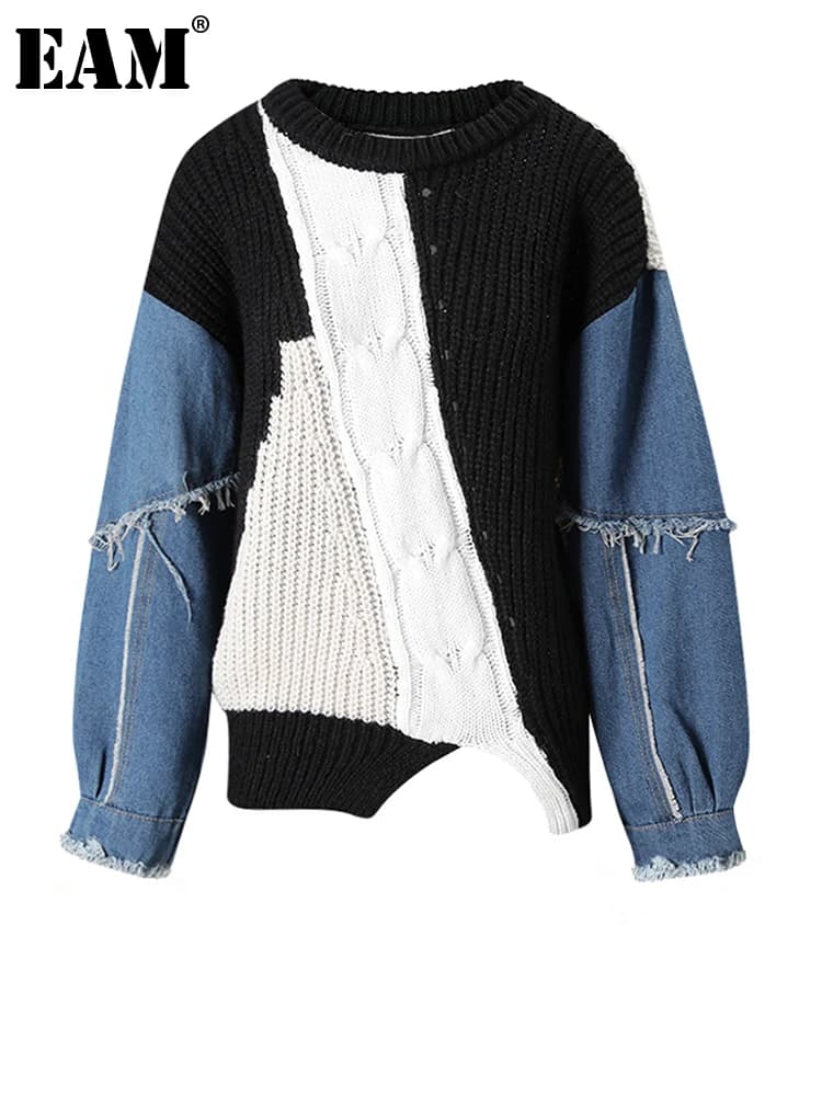 [EAM] Black Denim Color-block Big Size Knitting Sweatshirt New Round Neck Long Sleeve Women Fashion Spring Autumn 2026 CPG6698