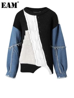 [EAM] Black Denim Color-block Big Size Knitting Sweatshirt New Round Neck Long Sleeve Women Fashion Spring Autumn 2026 CPG6698