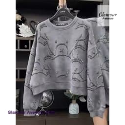 French style round neck heavy industry sequined long-sleeved sweater female autumn new fashion casual cute bear slim loose top.