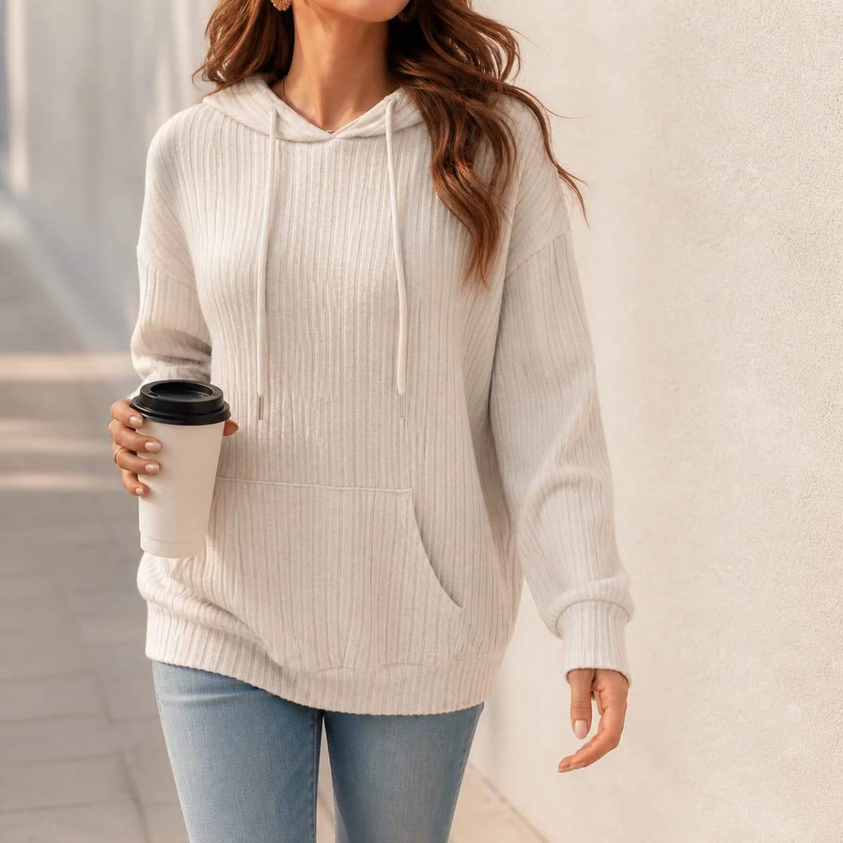 Women's Winter Clothing Women's Hoodie with Drop Shoulder Loose Fit Brushed Cotton Long Sleeve Striped Kangaroo Pocket Woman